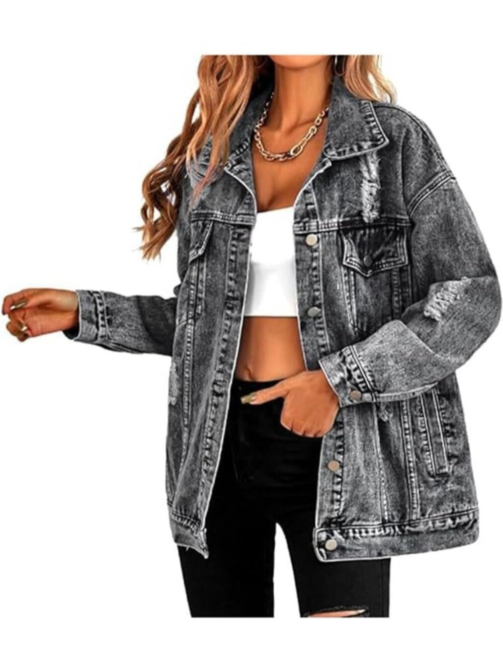〽️Women's Black Light Wash Oversized Distressed Denim Boyfriend Fit Jean Jacket